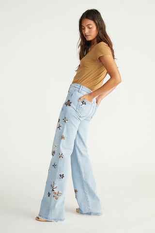 High Waisted Jeans for Women 2023 Summer Button Floral Print Flare