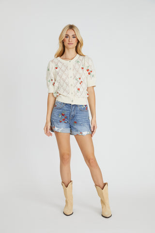 Puff Sleeve Cardigan - Cream Strawberry Fields