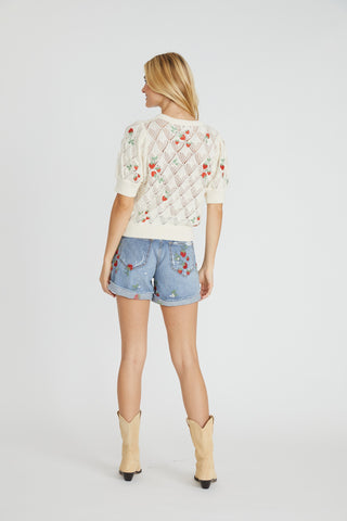 Puff Sleeve Cardigan - Cream Strawberry Fields