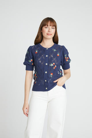 Puff Sleeve Cardigan - Navy Strawberry Fields