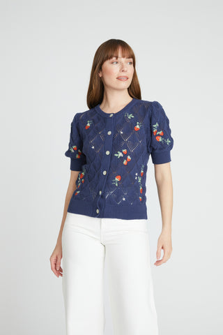 Puff Sleeve Cardigan - Navy Strawberry Fields