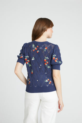 Puff Sleeve Cardigan - Navy Strawberry Fields