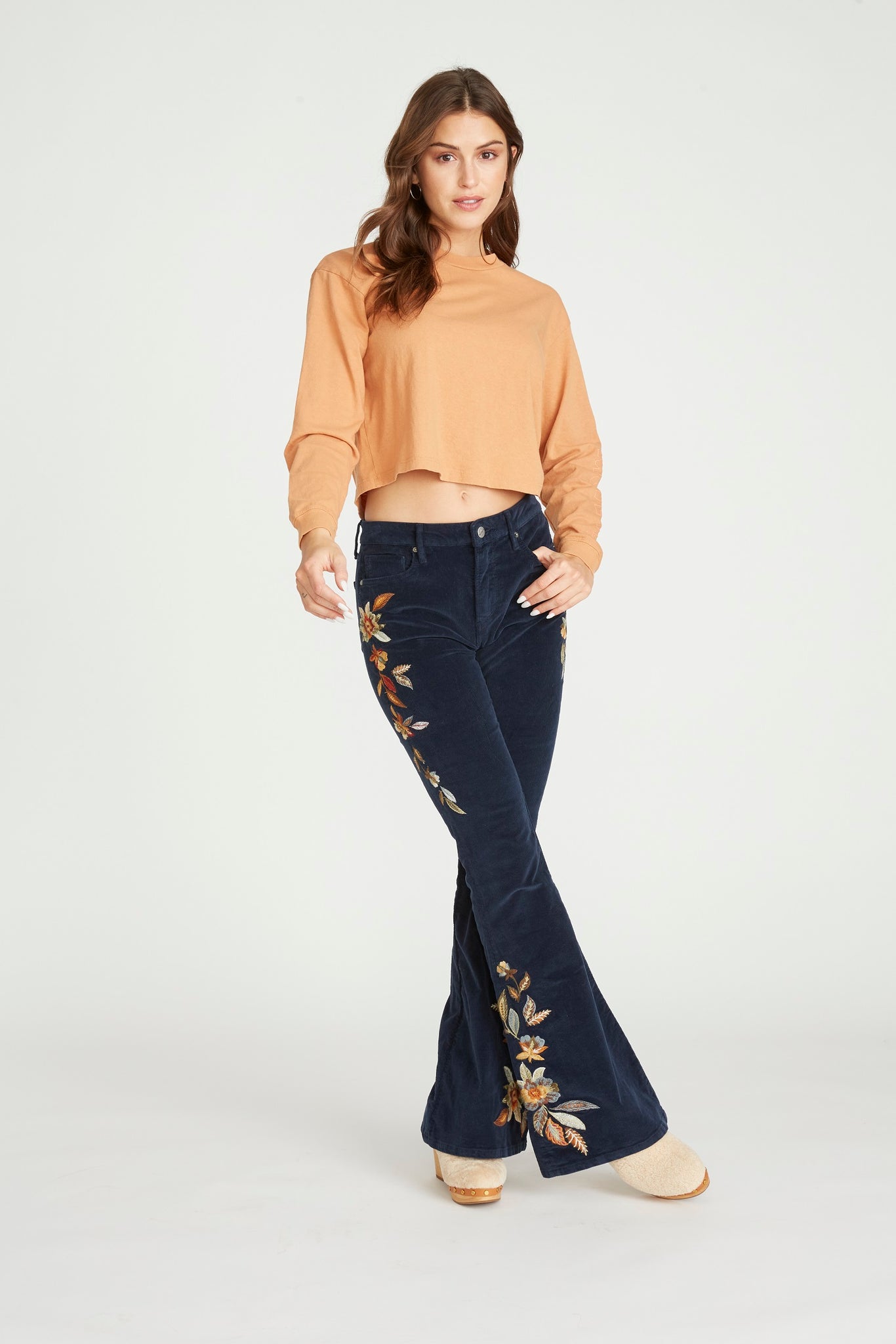 Farrah Corduroy Flare - Navy Feathery Leaf