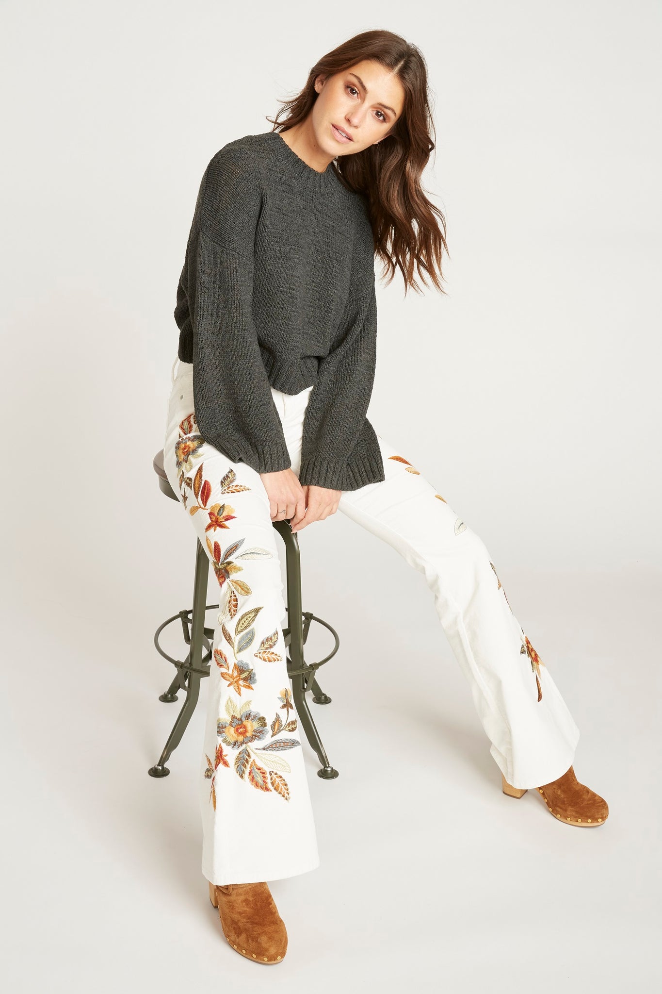 Farrah Corduroy Flare - Winter White Feathery Leaf