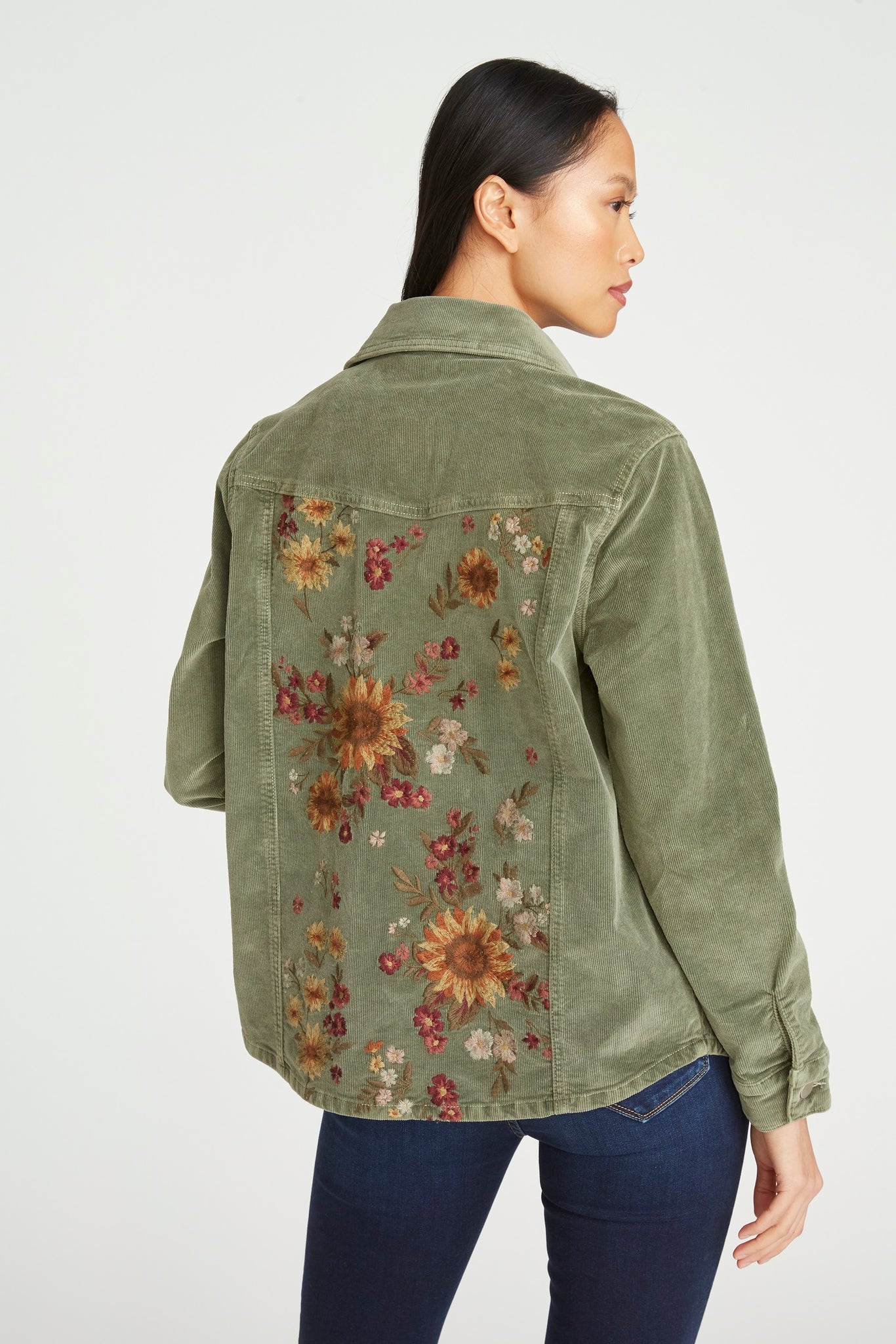 Shayna Shirt Jacket - Olive Falling Sunflower
