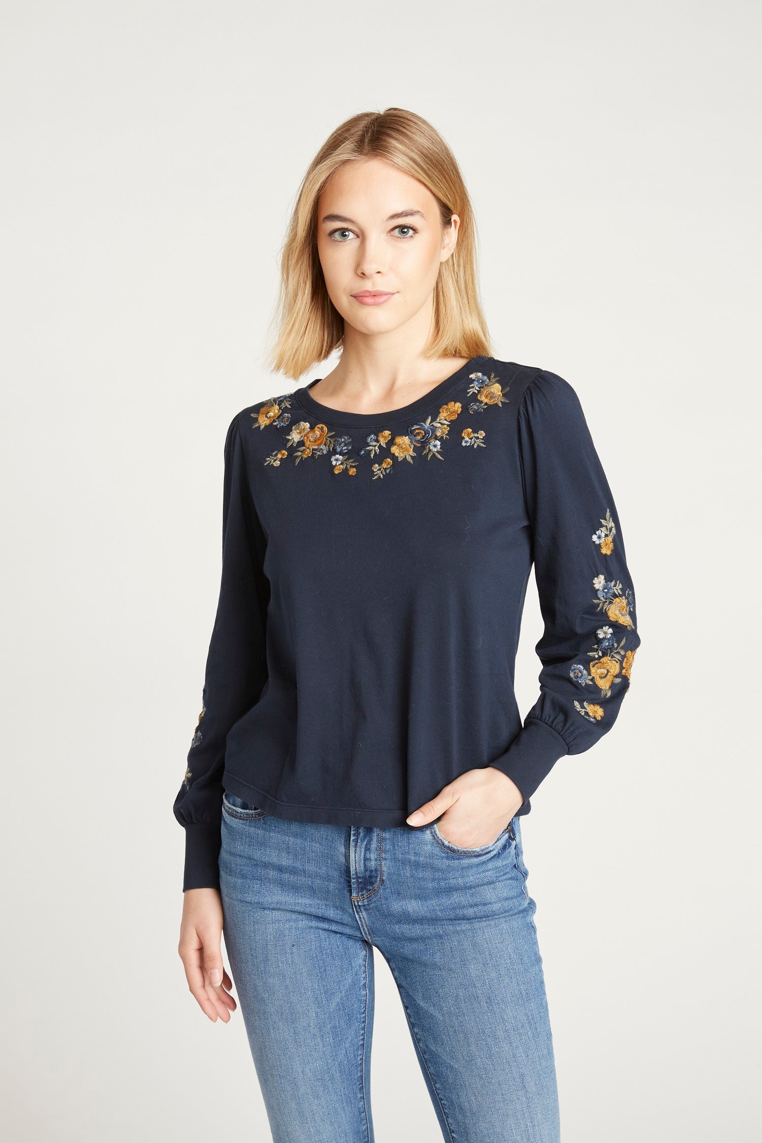 Macey Shirt - Navy Golden Peony – Driftwood Jeans